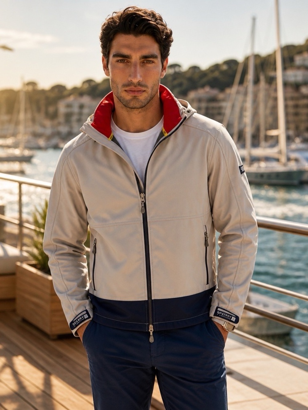Sperry Beige Jacket with Red Contrast Collar